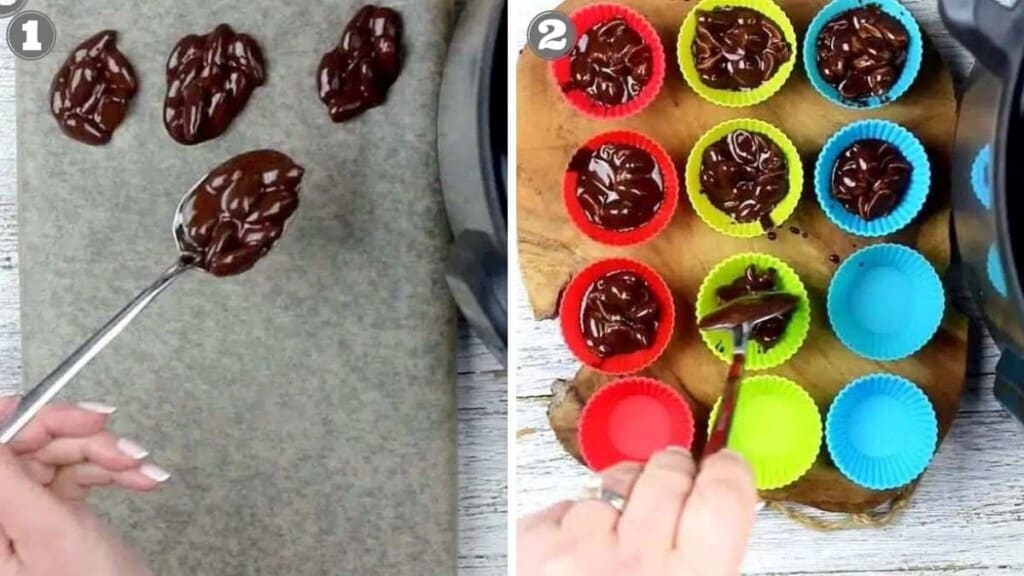 Left image shows spoonfuls of melted chocolate being placed on baking paper. Right image shows the chocolate being spooned into colorful silicone molds on a wooden surface.