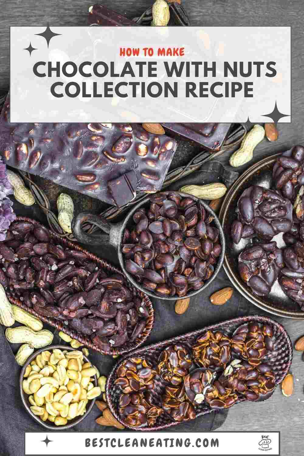 Assorted nuts and chocolate pieces displayed in wooden bowls and trays. Text at the top reads "How to Make Chocolate with Nuts Collection Recipe." Subtext reads "cookingblast.com.