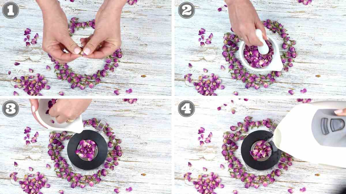 Preparing rose petal tea.