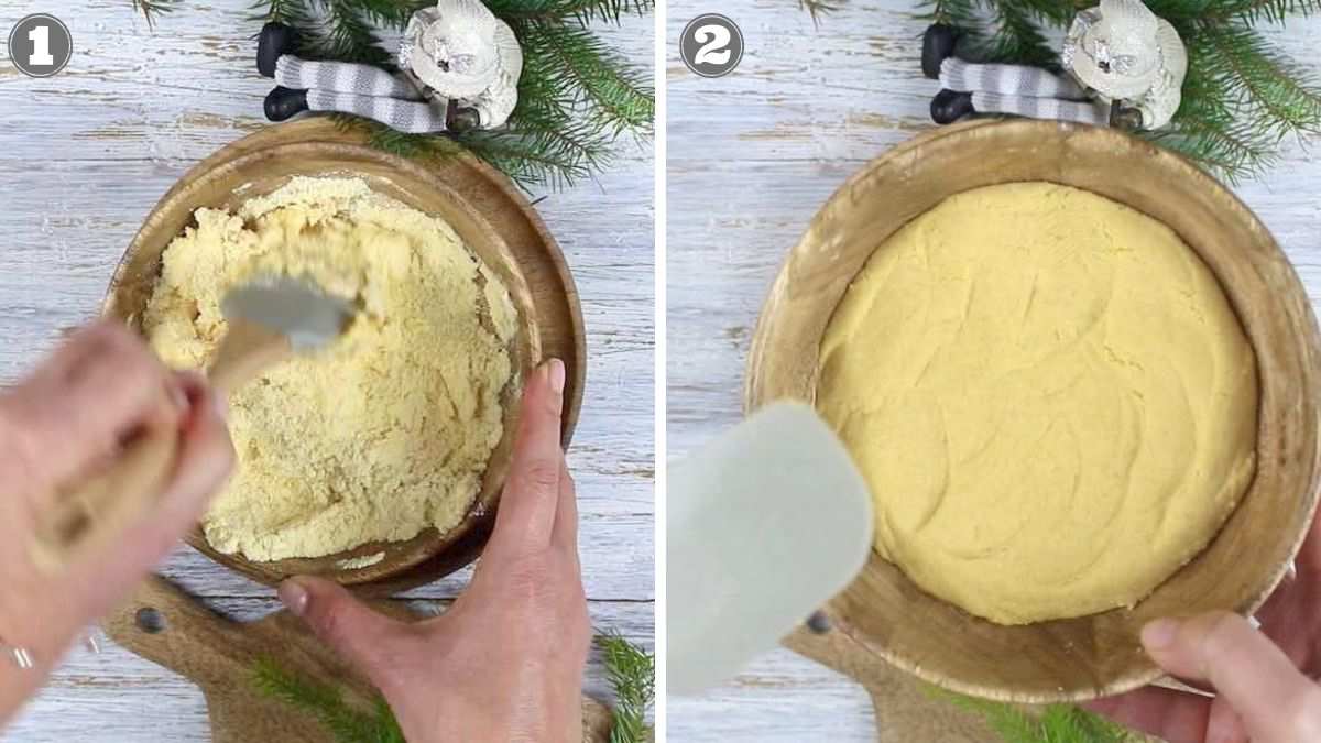 Two photos show the process of mixing and smoothing dough in a round wooden bowl on a wooden surface. The first image involves mixing; the second shows the smoothed dough. Evergreen branches are nearby.