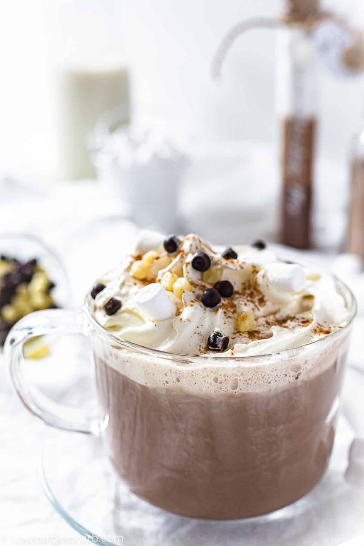 A glass mug of hot chocolate topped with whipped cream, chocolate chips, and marshmallows.