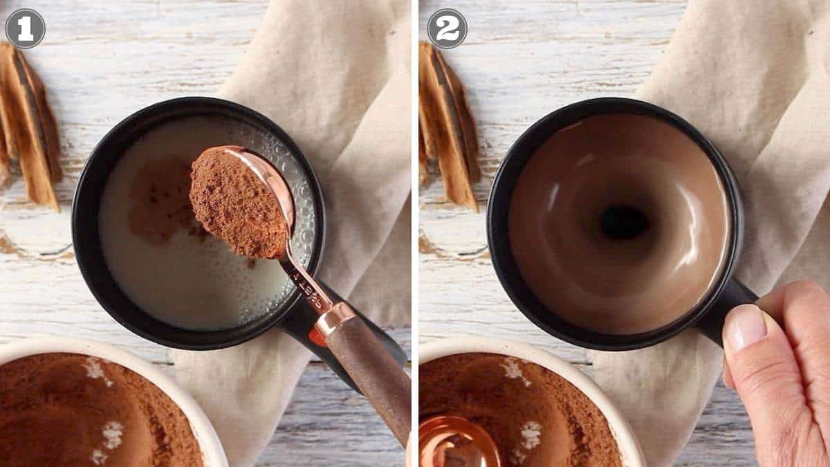 Spoon scooping cocoa powder over a cup of milk; second image shows mixed chocolate drink in cup.