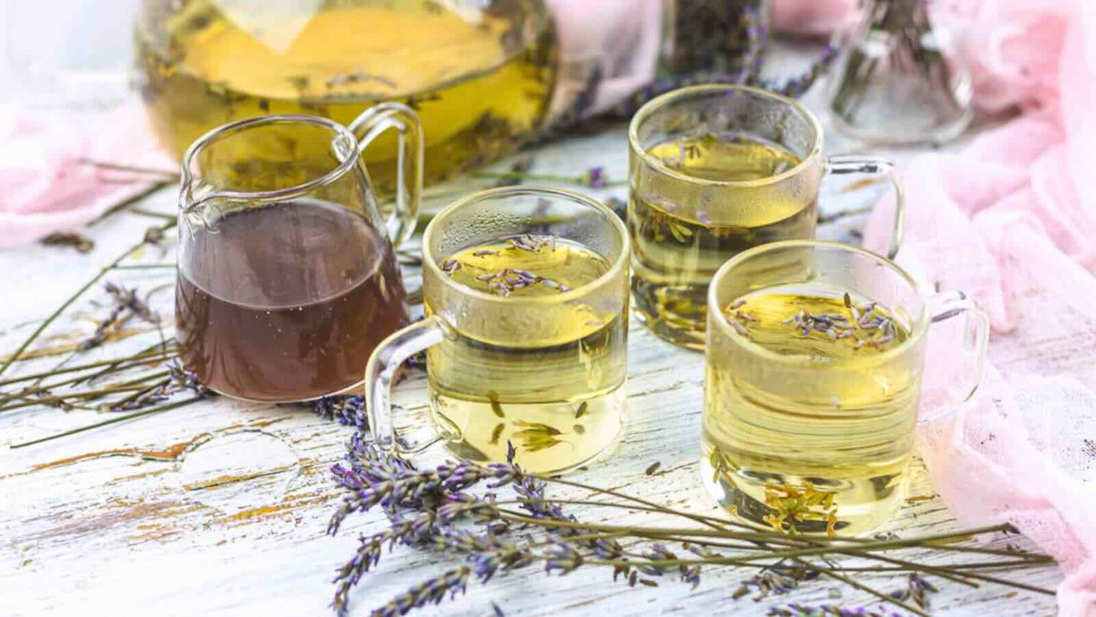 Herbal tea with sprigs of lavender.