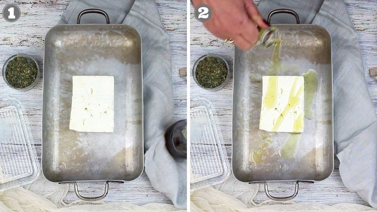 Two-step image: 1) Block of feta cheese in a pan. 2) Olive oil being drizzled over the feta. Surroundings include a bowl of herbs and a striped cloth.