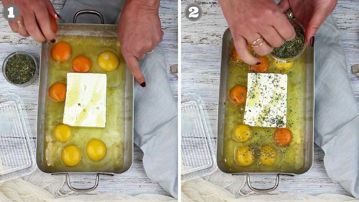 Two images show a person preparing a dish with a block of cheese and eggs in a baking dish. The second image shows herbs being sprinkled over the ingredients.