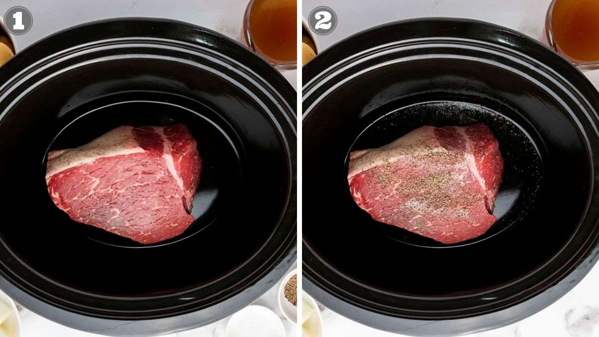 Two side-by-side images show a raw beef roast in a slow cooker; the left image is unseasoned, while the right image shows the roast sprinkled with salt and pepper.