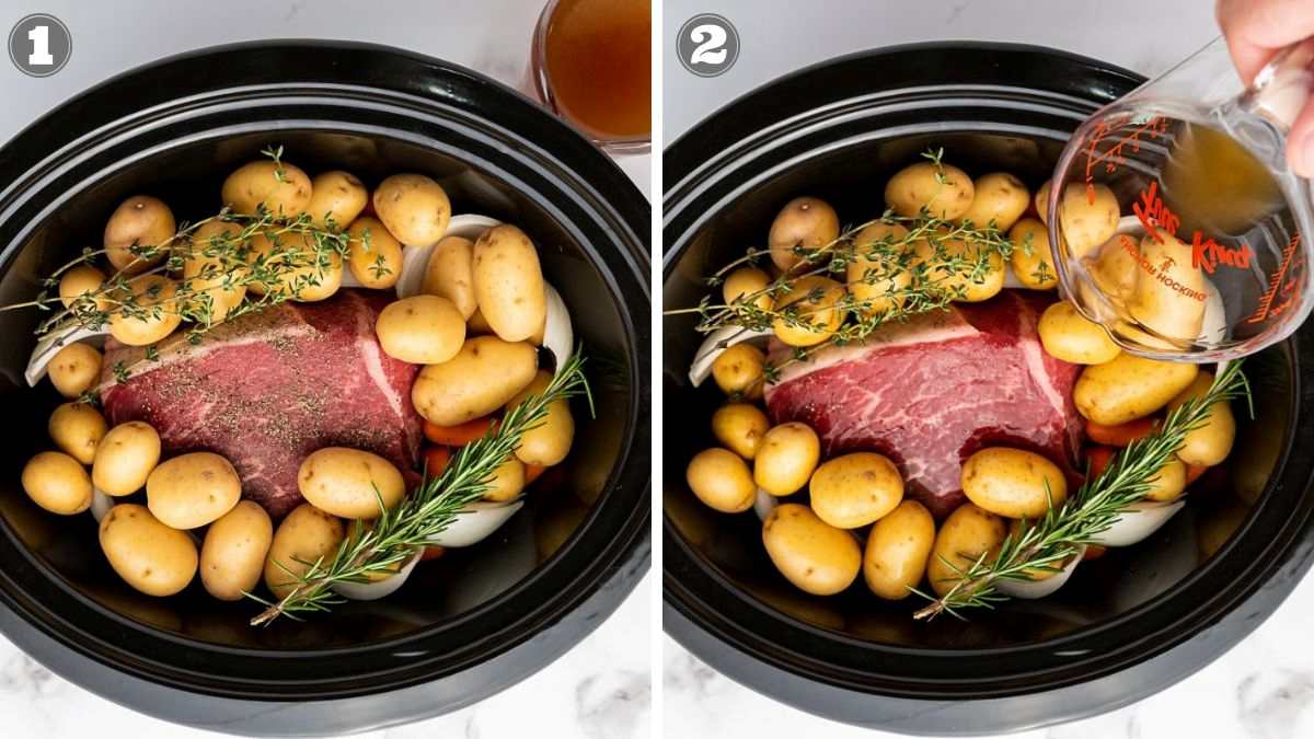 Two slow cookers each containing a beef roast, baby potatoes, fresh herbs; in the second image, broth is being poured over the ingredients.