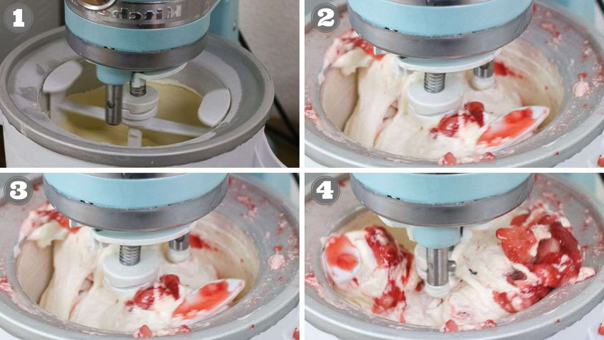 A stand mixer with an ice cream attachment churns a mixture, gradually incorporating a red fruit sauce in four numbered steps.