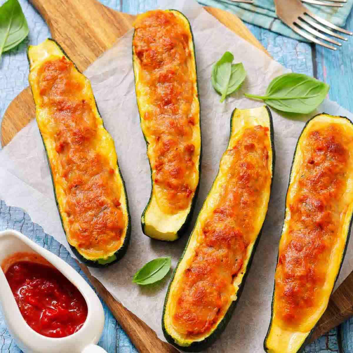 Four baked zucchini boats filled with melted cheese and tomato mixture, served on parchment paper with basil leaves and a side of tomato sauce.