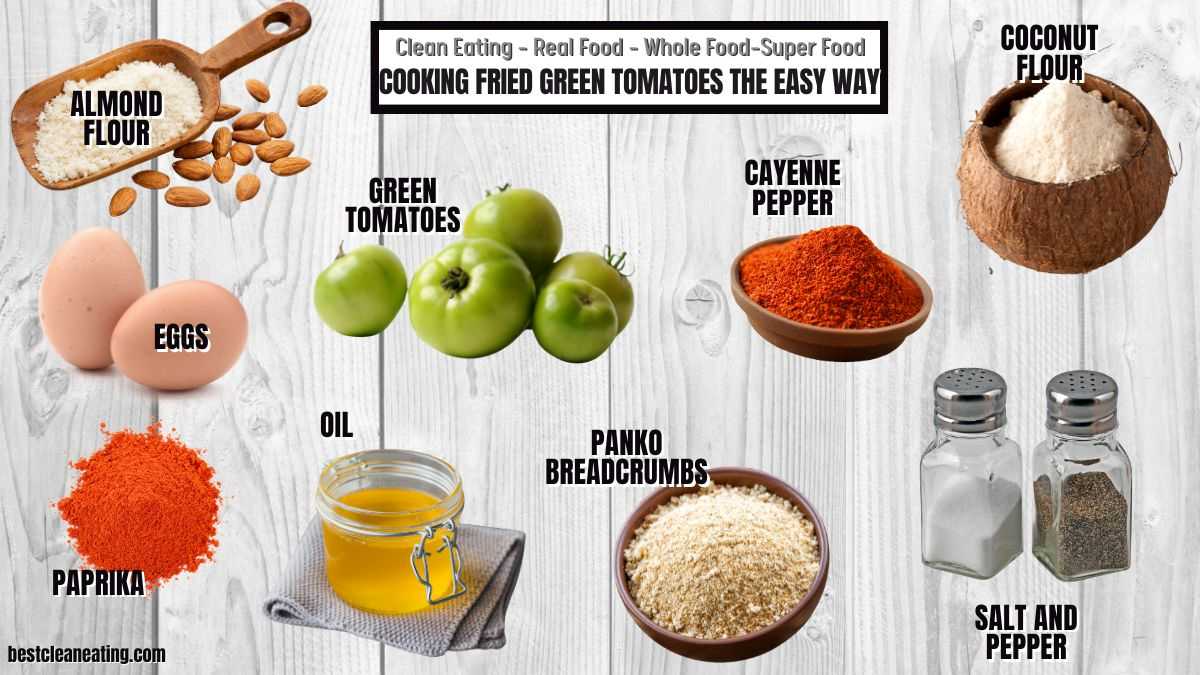 Various ingredients for cooking fried green tomatoes, including almond flour, eggs, oil, paprika, green tomatoes, panko breadcrumbs, cayenne pepper, coconut flour, salt, and pepper.