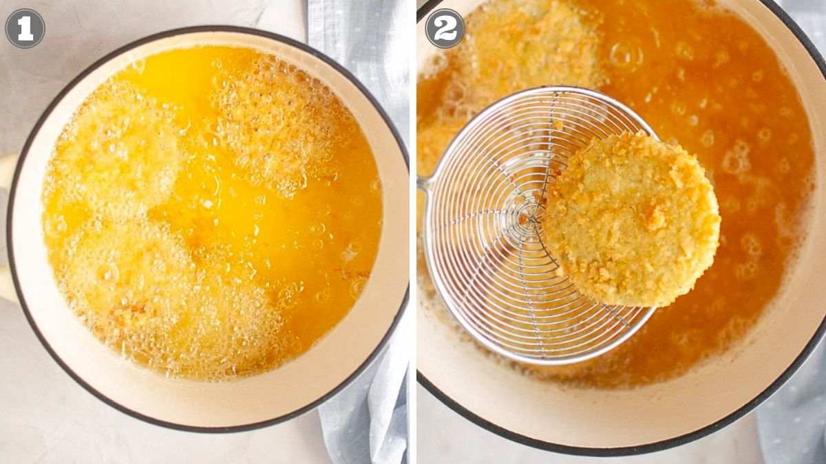 Side-by-side images of breaded food frying in oil; the left shows food frying, the right shows a fried piece lifted with a metal skimmer.