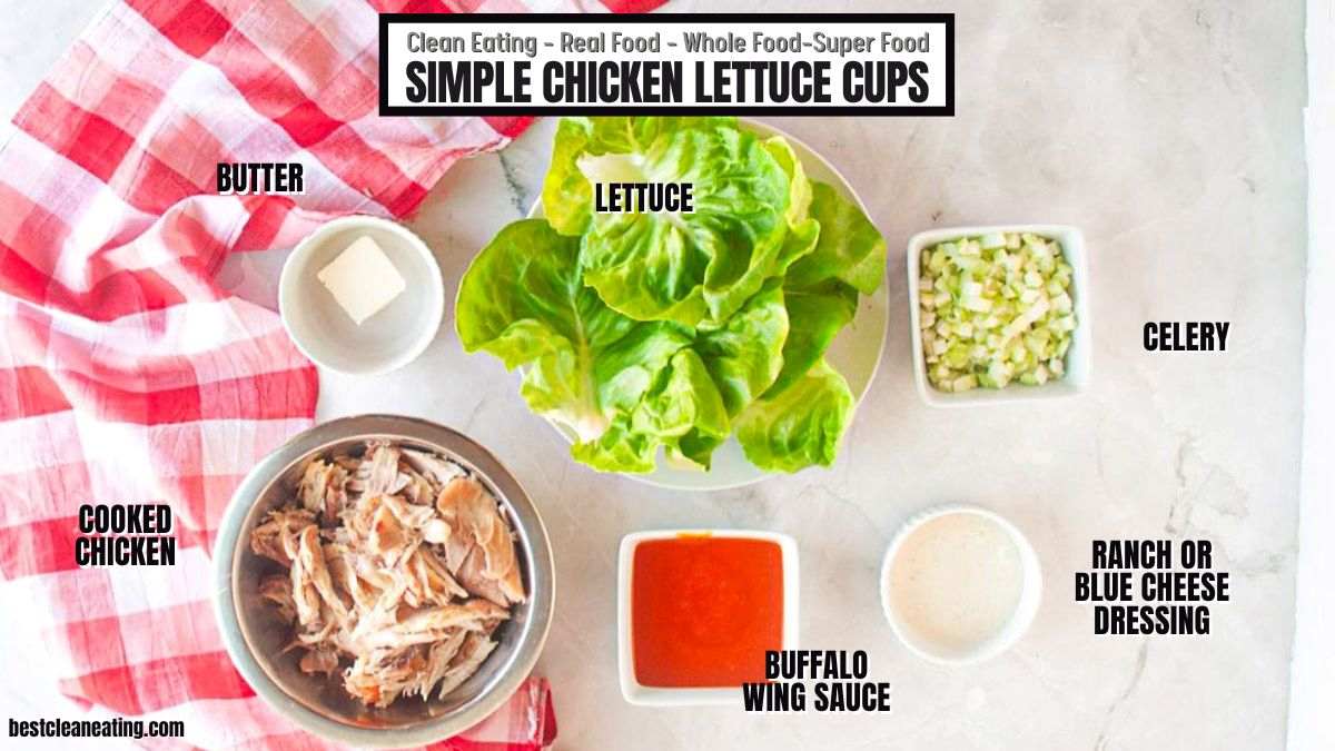 Top-down view of ingredients for chicken lettuce cups: butter, cooked chicken, lettuce, celery, buffalo wing sauce, and ranch or blue cheese dressing.