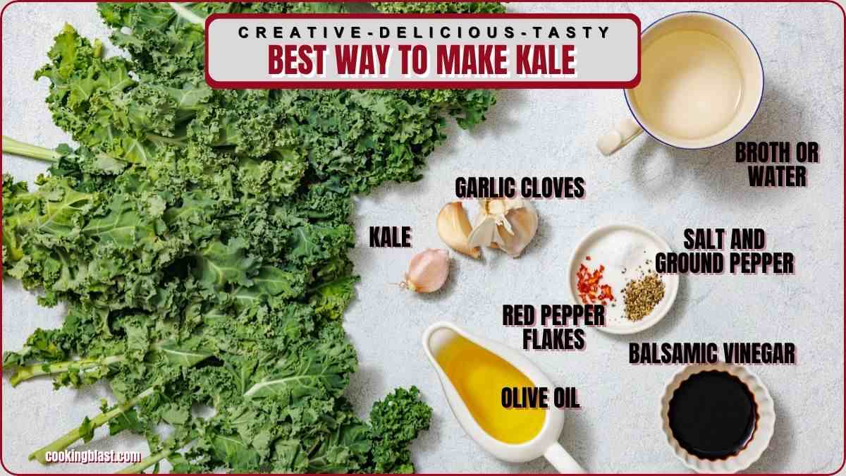 Fresh kale leaves, garlic cloves, red pepper flakes, olive oil, balsamic vinegar, broth or water, and a plate with salt and ground pepper are arranged on a white surface.