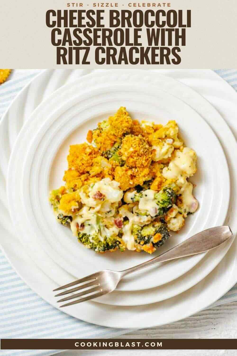 A serving of cheese broccoli casserole topped with crushed Ritz crackers on a white plate with a fork, placed on a striped cloth.