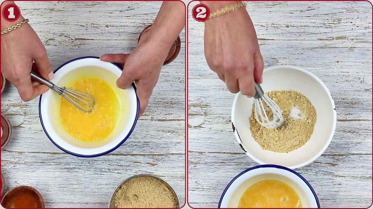 Two side-by-side images show hands whisking eggs in a bowl on the left and mixing dry ingredients in a bowl on the right, both on a white wooden surface.