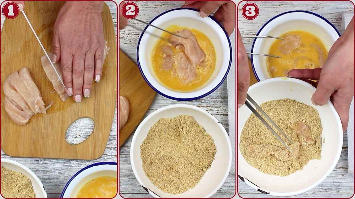 Step-by-step preparation: slicing chicken breast, dipping it in beaten eggs, and coating it with breadcrumbs on a wooden surface.