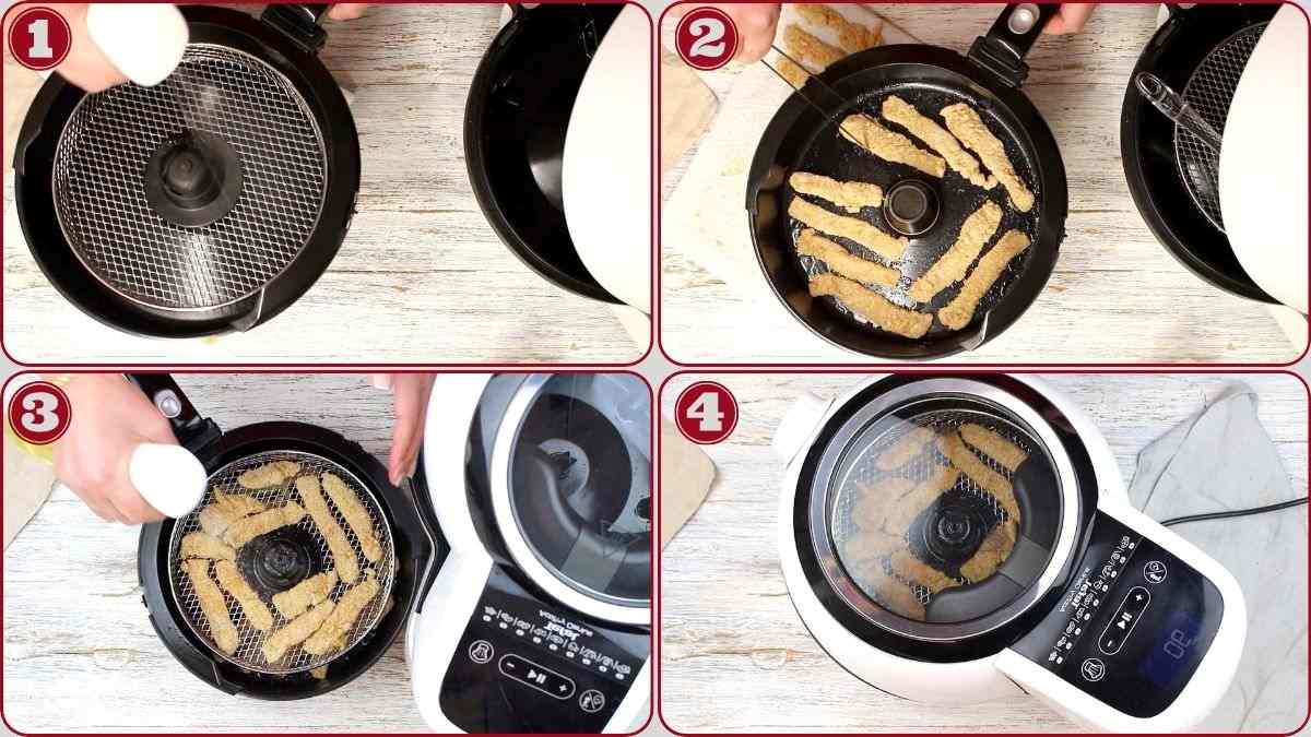 Four-step process showing placing breaded food in an air fryer basket, spraying oil, covering with a mesh, and starting the air fryer to cook.