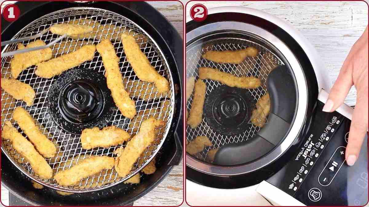 Two images show breaded chicken strips in an air fryer basket; one image shows placement with tongs, the other shows the fryer lid being closed and settings adjusted.