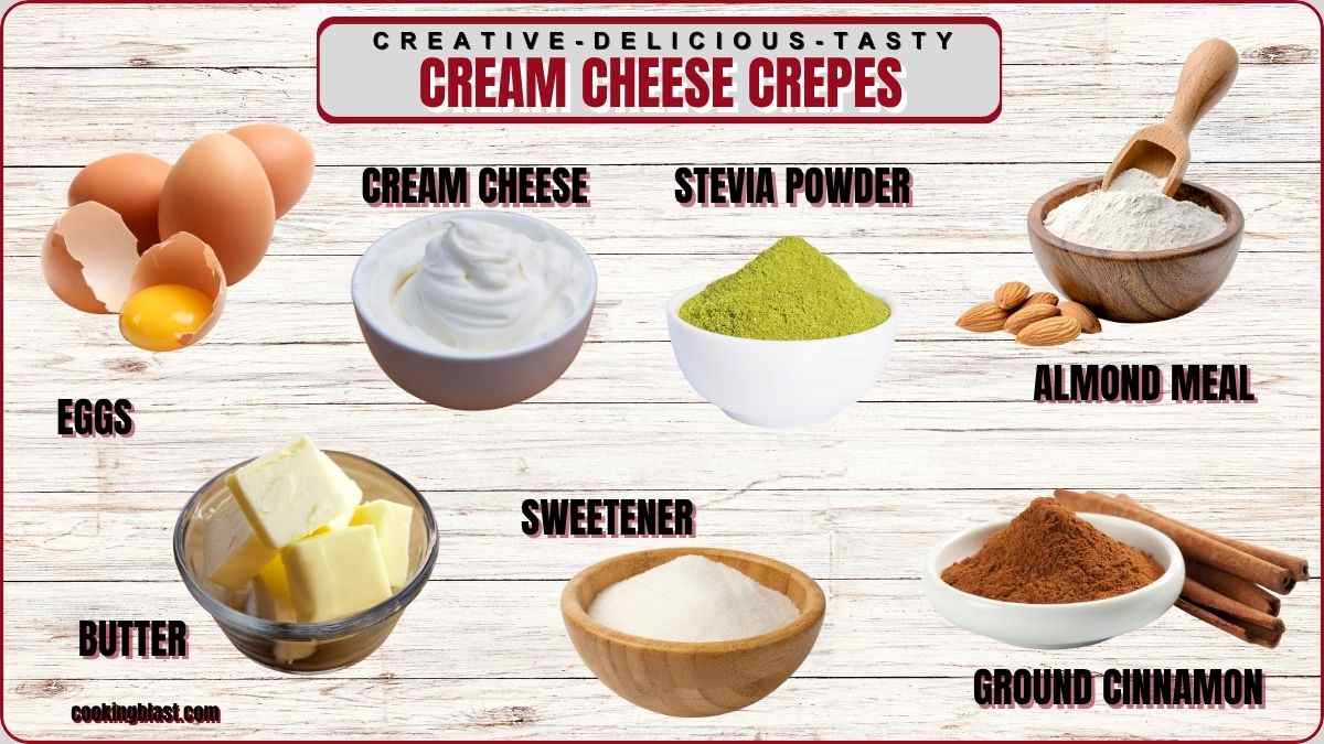 Cream cheese crepes ingredients arranged on wooden table.