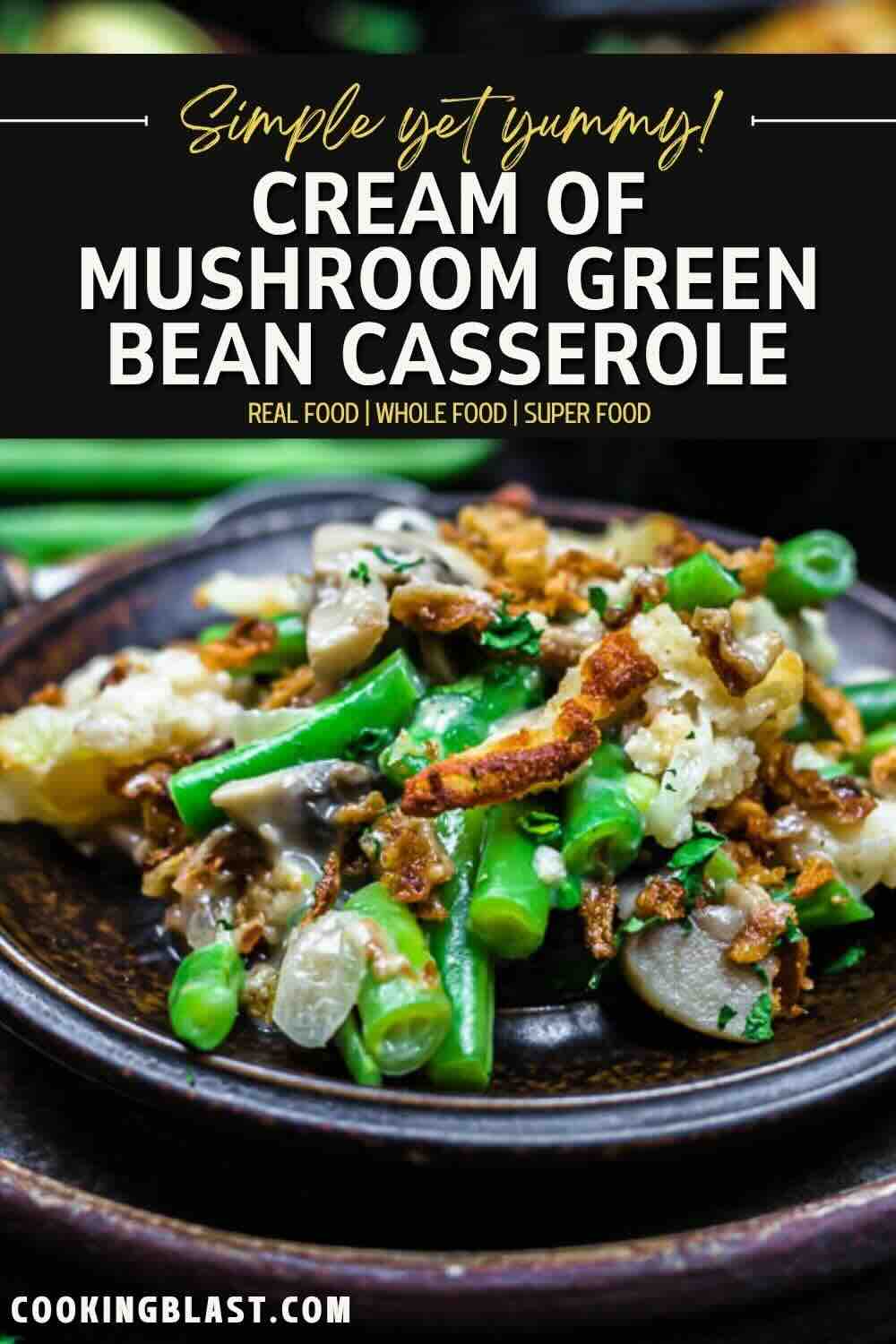 A close-up of a plate with cream of mushroom green bean casserole, featuring green beans, mushrooms, onions, and a creamy sauce. Recipe title is displayed above the dish.
