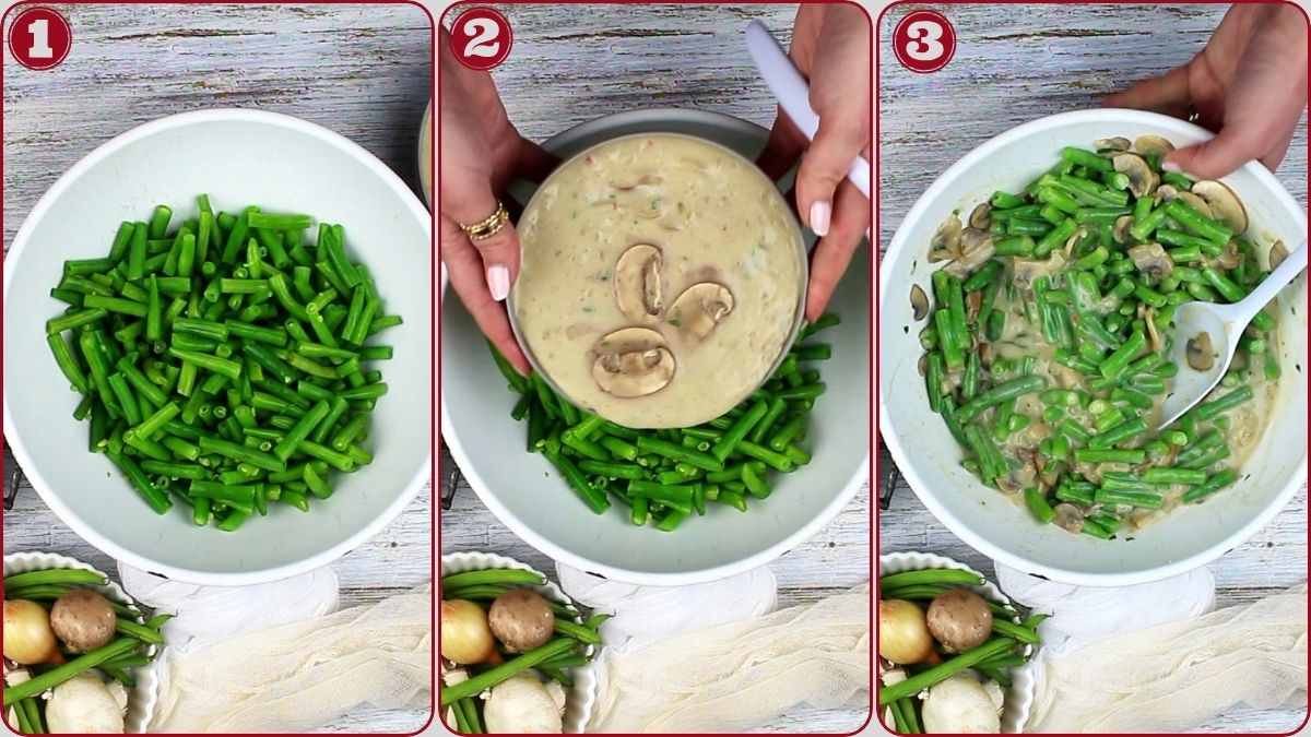Three-step process: green beans in a bowl, cream of mushroom soup added, and mixture stirred together with a spoon.