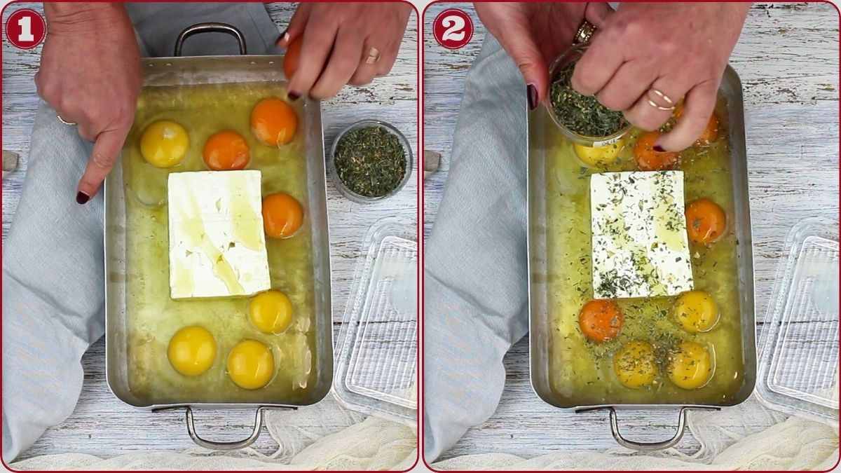 A baking dish with raw eggs and a block of cheese is shown; in step 1, oil is drizzled, and in step 2, herbs are being sprinkled on top.