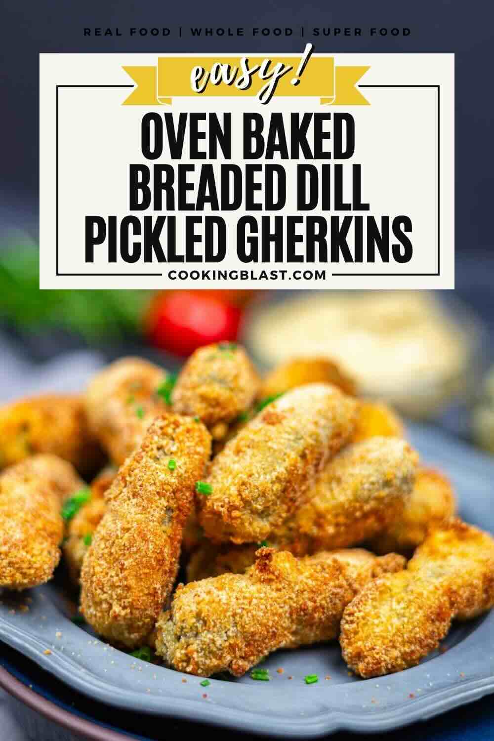 Crispy oven baked breaded dill pickled gherkins.