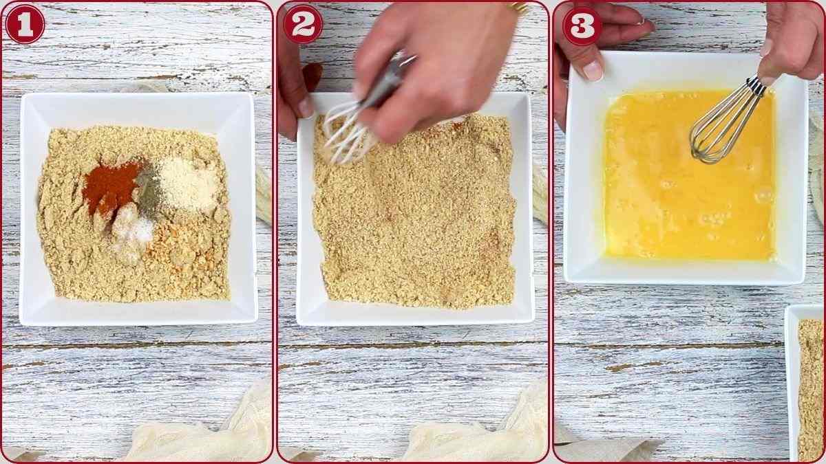 Three numbered panels show hands preparing ingredients: Panel 1 has spices and breadcrumbs in a dish, Panel 2 shows mixing, and Panel 3 has a whisk stirring beaten eggs in another dish.