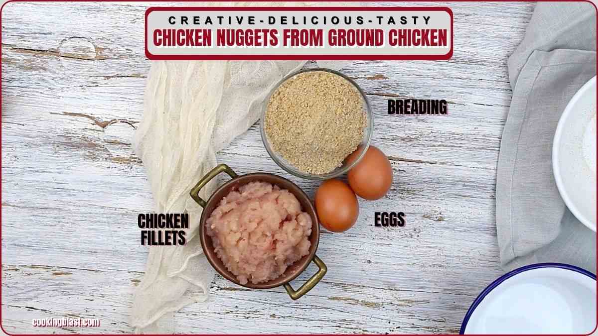 Top-down view of ground chicken fillets in a bowl, two eggs, and a bowl of breading on a wooden surface, labeled as ingredients for chicken nuggets.
