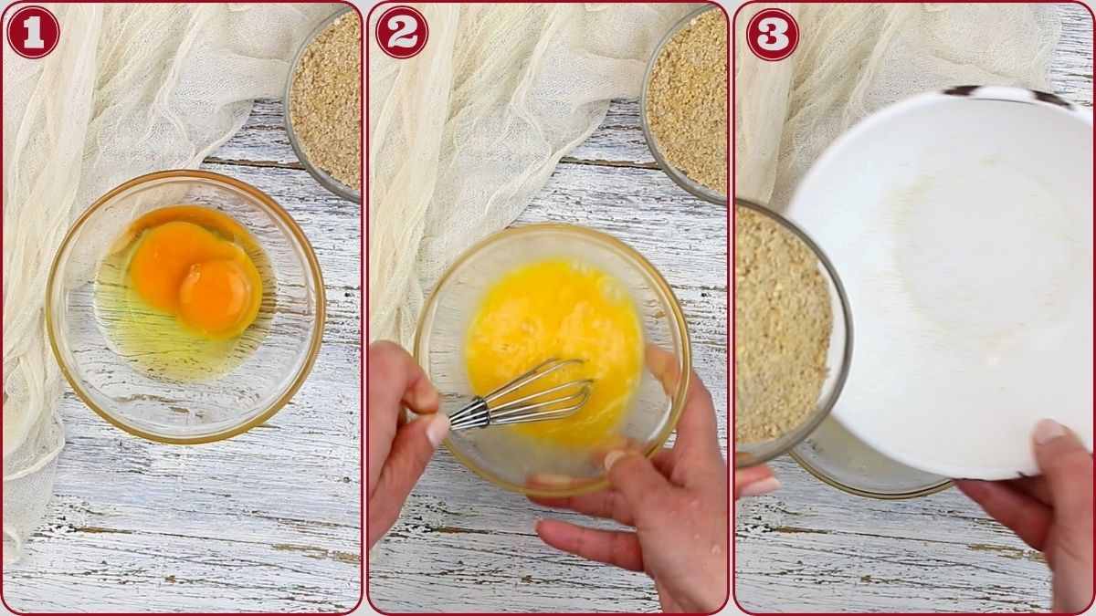 Three-step collage showing: cracking eggs into a bowl, whisking the eggs, and pouring breadcrumbs from a plate into the bowl.