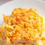 A close-up of a serving of baked casserole with a golden, crumbly topping, creamy filling, and visible yellow slices, presented on a white plate.