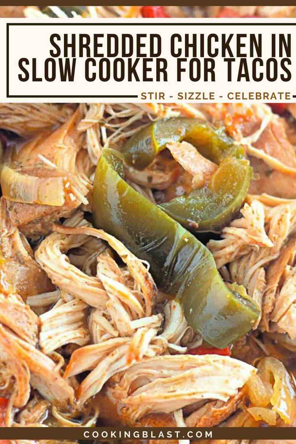 Close-up of shredded chicken and sliced green peppers cooked in a slow cooker, ready to be used for tacos.