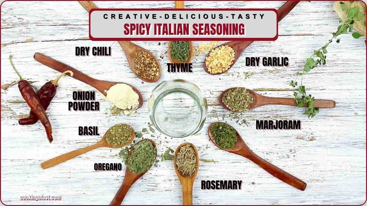 Assorted Italian seasoning ingredients, including thyme, dry chili, dry garlic, onion powder, marjoram, basil, oregano, and rosemary, are displayed in wooden spoons around a glass jar.