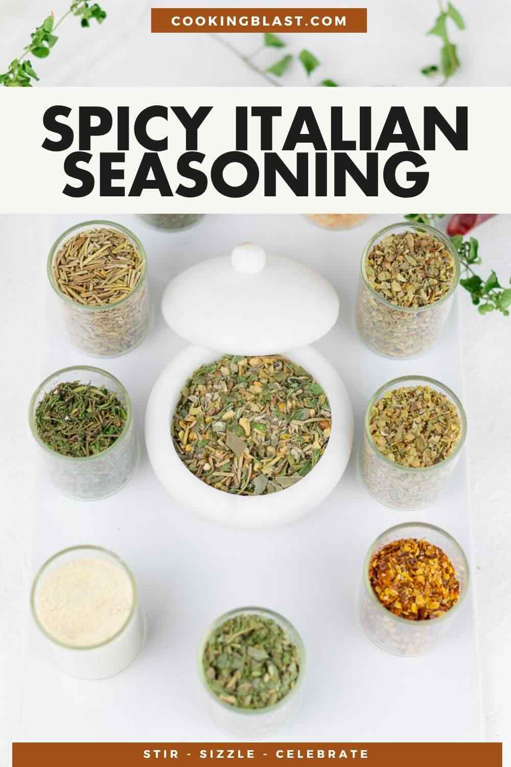 Assorted jars and bowls of dried herbs and spices are arranged on a white surface, labeled as spicy Italian seasoning.