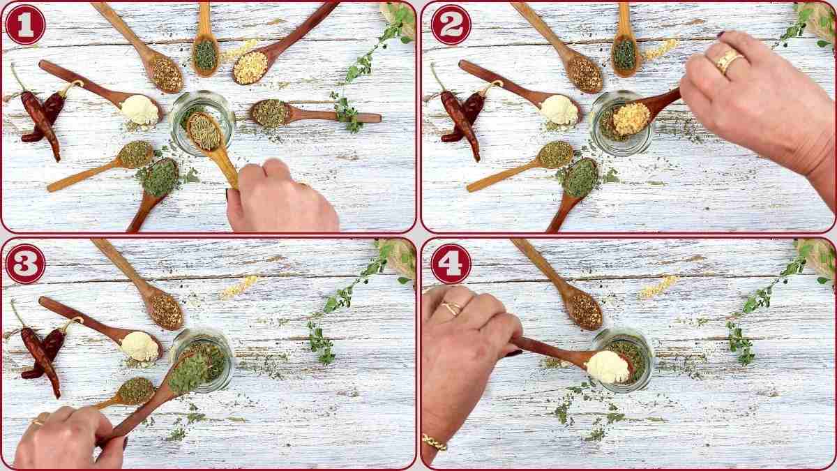 Four-step process showing hands adding various spices and garlic into a small jar, using wooden spoons, on a light wooden surface.