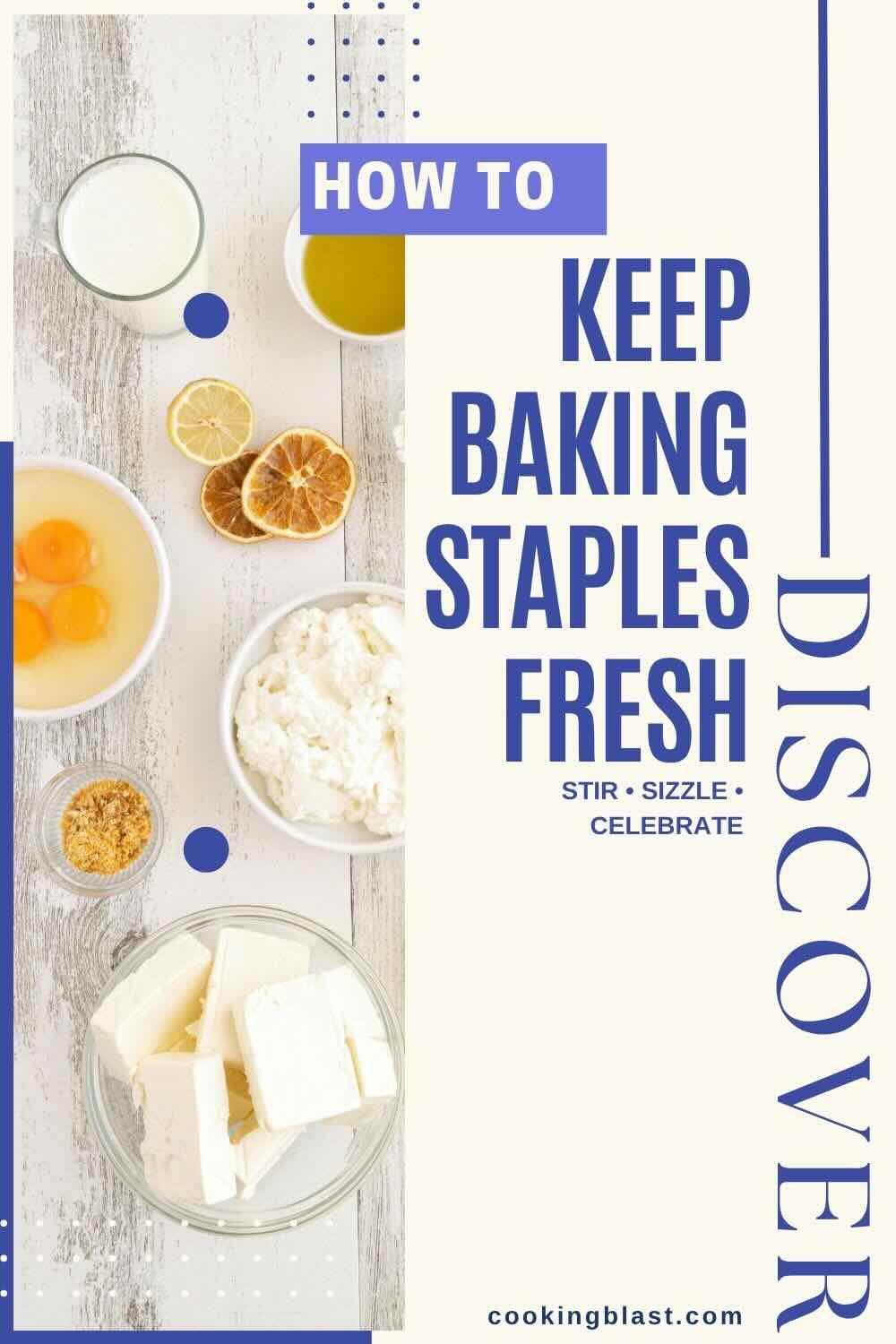 Fresh baking staples and ingredients arranged neatly.