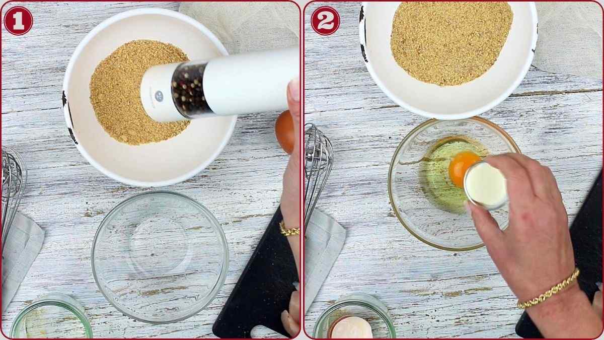 Split image showing two cooking steps: left side, pepper is ground into a bowl of breadcrumbs; right side, an egg and milk are added to a bowl. Kitchen utensils are visible on the table.