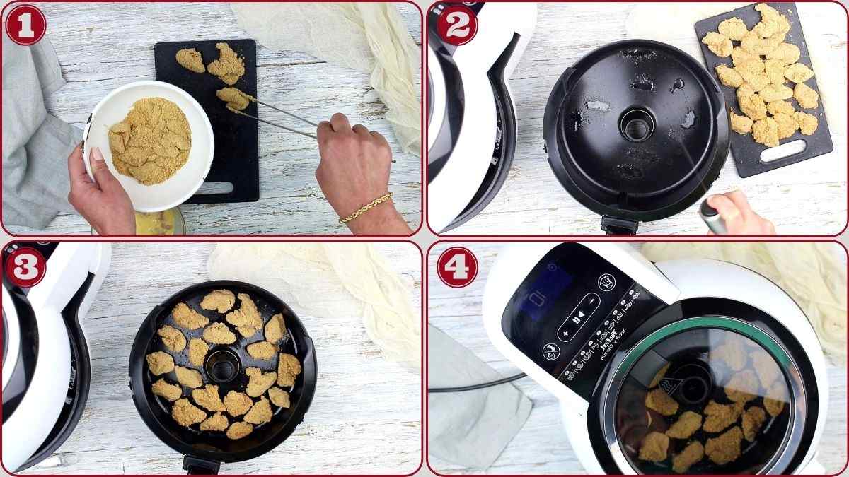 Four-step collage showing hands cutting food pieces, placing them in an air fryer basket, spreading them evenly, and closing the air fryer lid to cook.
