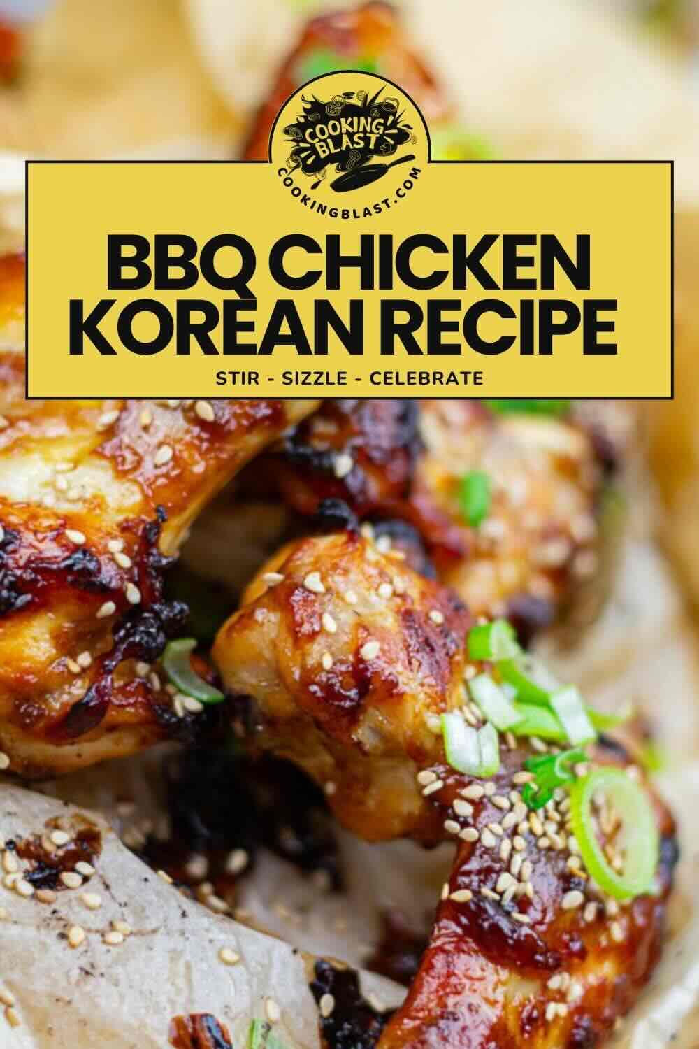 Close-up of grilled BBQ chicken garnished with sesame seeds and chopped green onions, with text overlay reading "BBQ Chicken Korean Recipe.