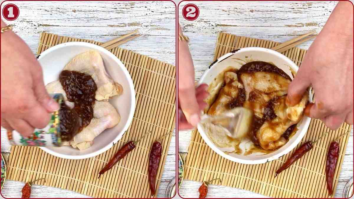 Two images show raw chicken in a bowl being marinated with a dark sauce, then mixed with utensils; dried red chilies and chopsticks are nearby on a bamboo mat.