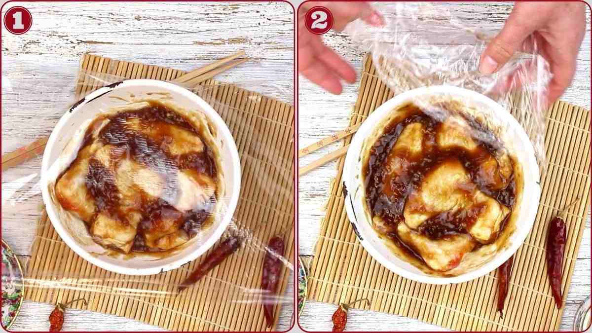 A bowl of marinated food covered with plastic wrap is shown in the first image, and in the second image, a hand is lifting the plastic wrap off the bowl.