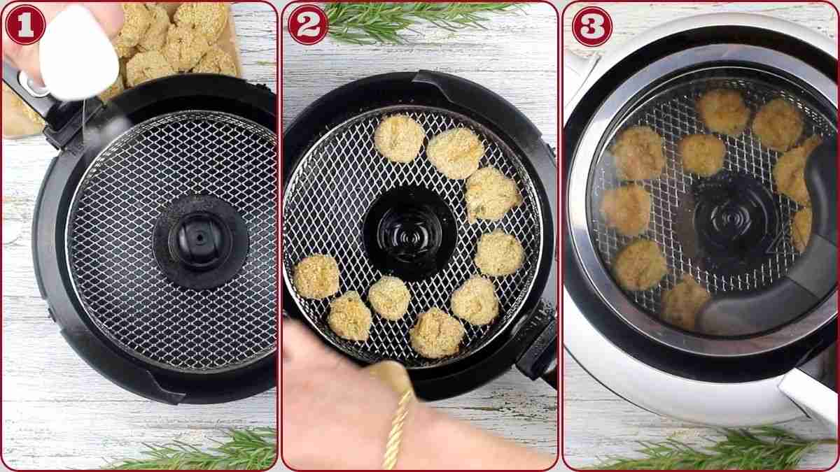 Three-step process of placing breaded food in an air fryer: spraying oil, arranging pieces on the tray, and starting the cooking process with the lid closed.