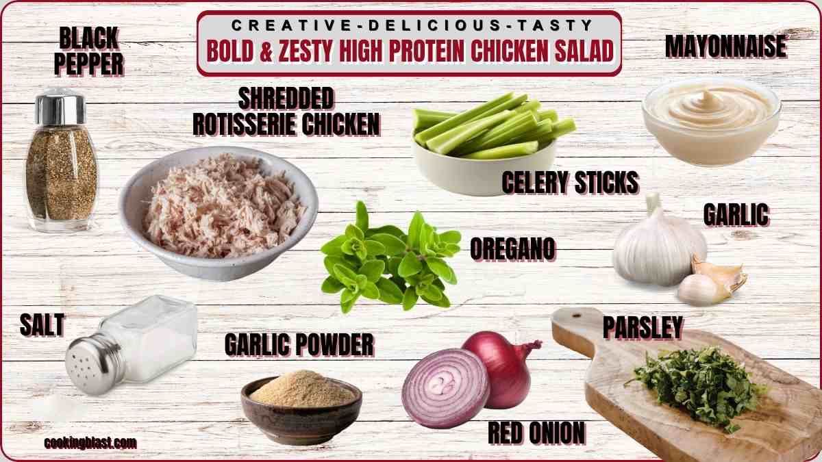 Ingredients for a high protein chicken salad are displayed: shredded rotisserie chicken, celery sticks, mayonnaise, garlic, parsley, red onion, garlic powder, oregano, salt, and black pepper.