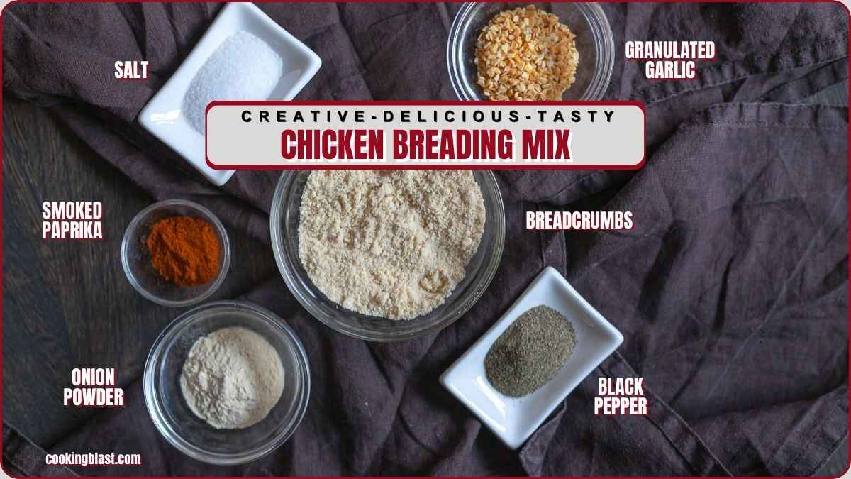A top-down view of six labeled ingredients for chicken breading mix: salt, granulated garlic, breadcrumbs, black pepper, onion powder, and smoked paprika.