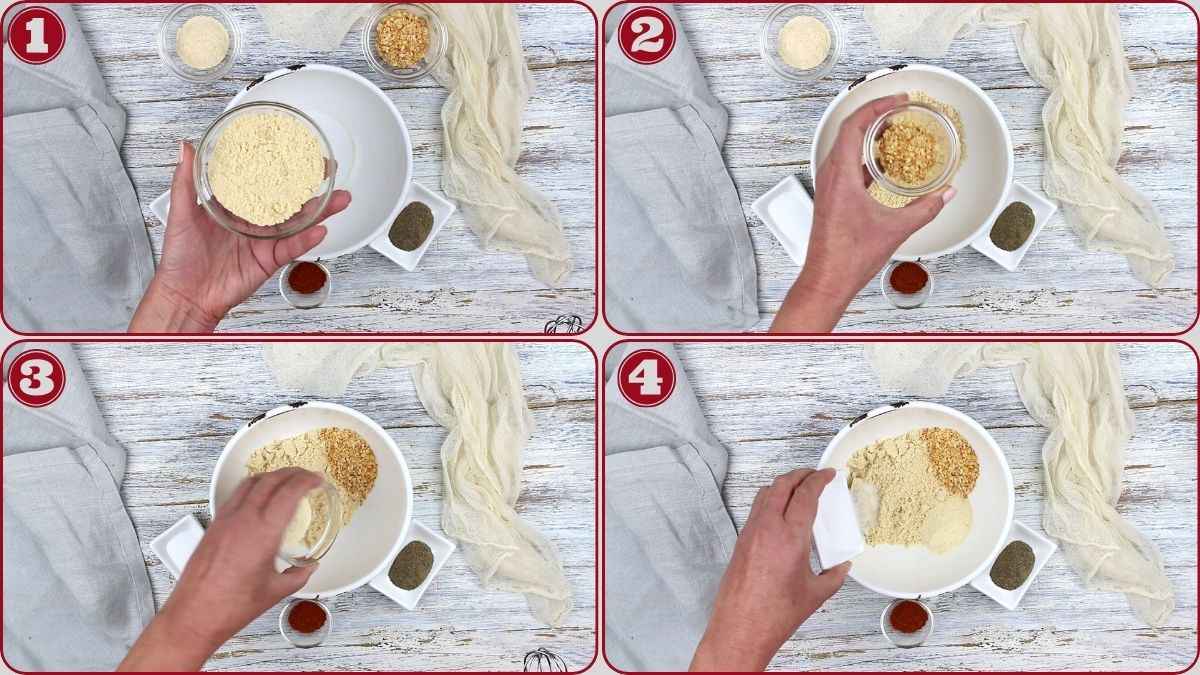 Four-panel image showing hands adding different dry ingredients into a white mixing bowl on a wooden surface, with small bowls of spices and cloth nearby.
