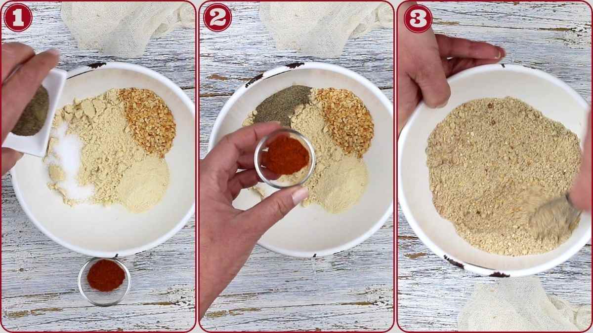 Three-step process showing hands adding various spices to a bowl and mixing them together on a white wooden surface.