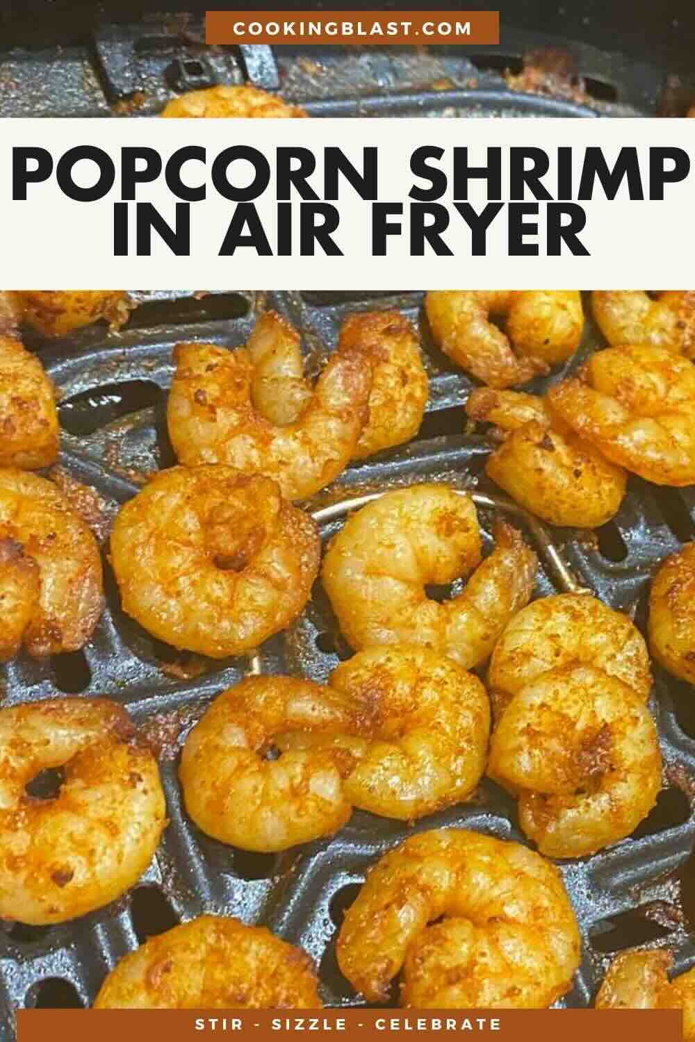 Seasoned shrimp pieces cooking in an air fryer basket, labeled as "Popcorn Shrimp in Air Fryer" with a website header and footer text.