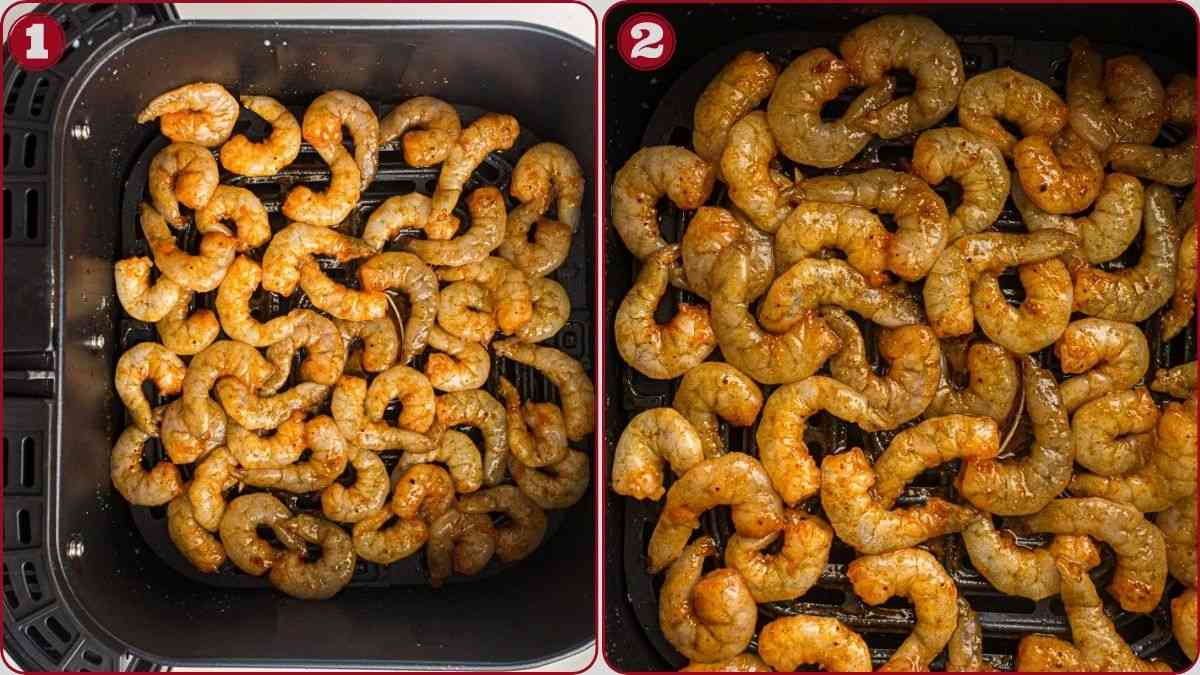 Two side-by-side images of shrimp in an air fryer basket: raw and seasoned on the left, cooked and browned on the right. Each image is labeled with a number.