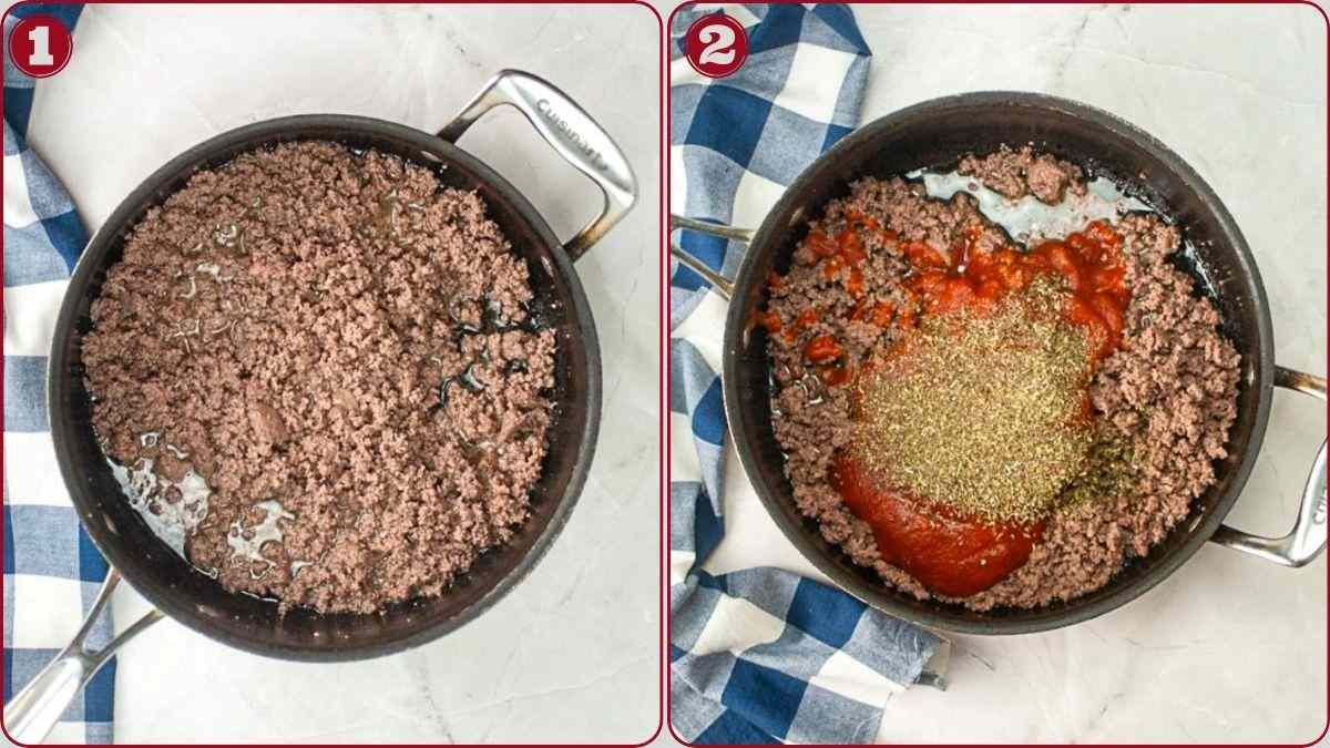 Side-by-side images of ground beef cooking in a skillet; the left shows plain beef, the right shows beef with tomato sauce and seasonings added.
