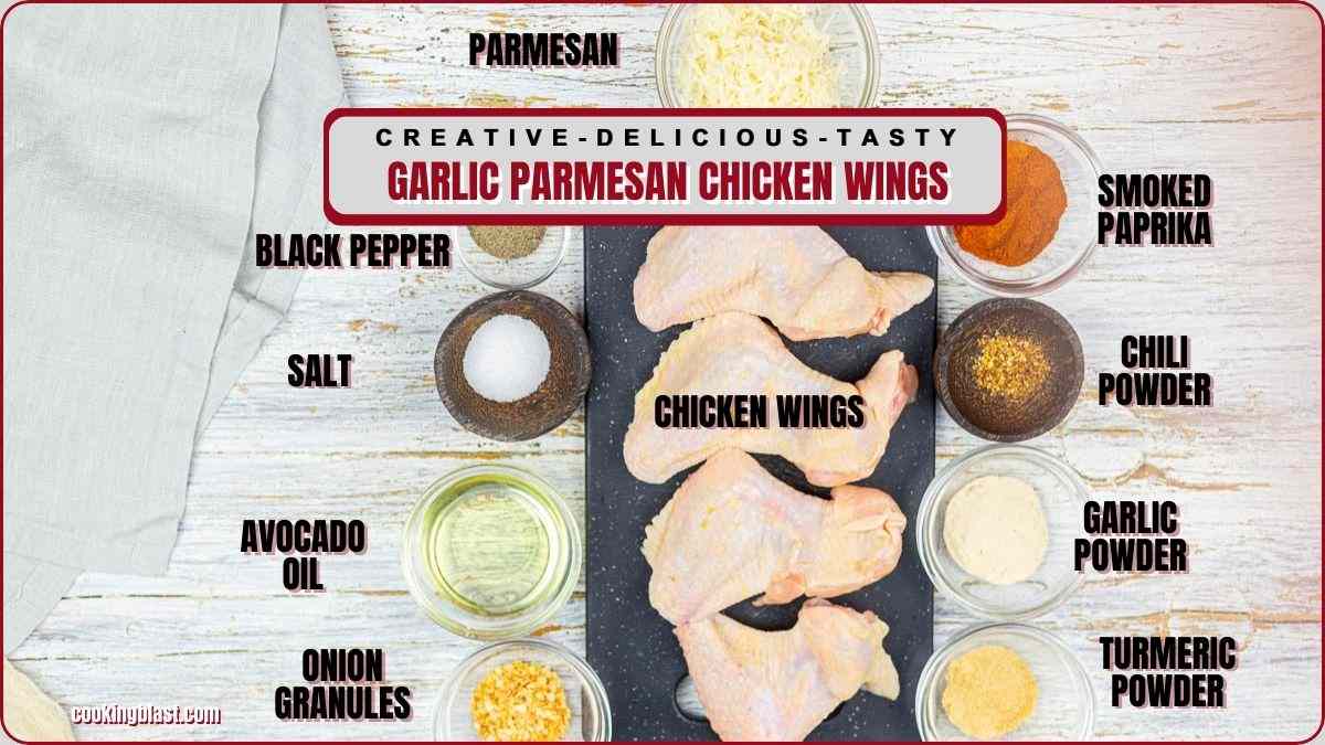 Raw chicken wings on a black tray surrounded by small bowls of parmesan, avocado oil, and various spices, each ingredient labeled with text.